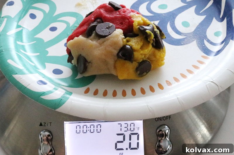 Forming two-ounce cookie dough balls by combining red, gold, and white portions.