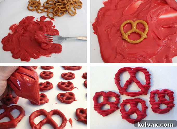 How to make Red Pretzels - step-by-step instructions for dipping and drizzling with red candy melts.