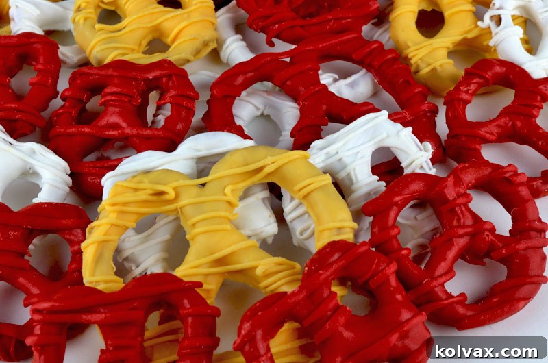 Finished Kansas City Chiefs Pretzels - sweet, salty, and crunchy game day treats, perfect for NFL parties and Chiefs fans.