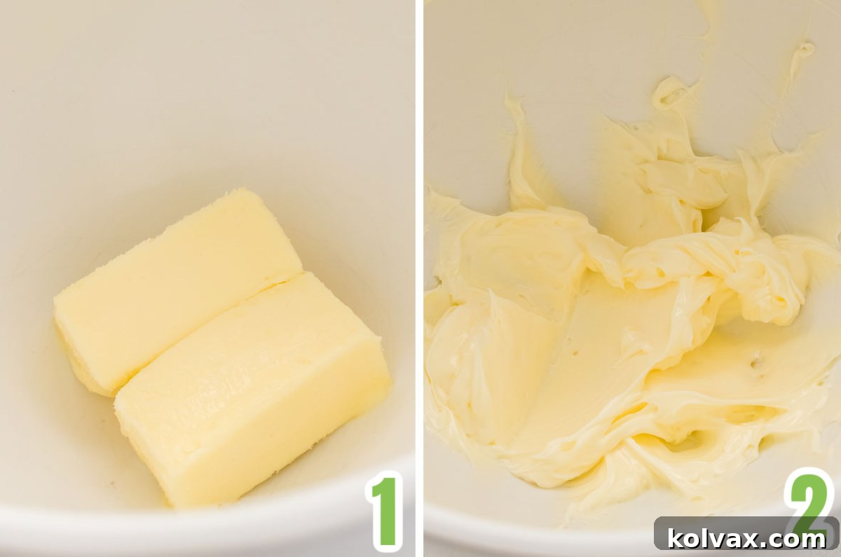 A visual guide showing the initial steps of preparing chocolate mint buttercream frosting: creaming softened butter with a splash of peppermint extract in a stand mixer to infuse the foundational mint flavor.