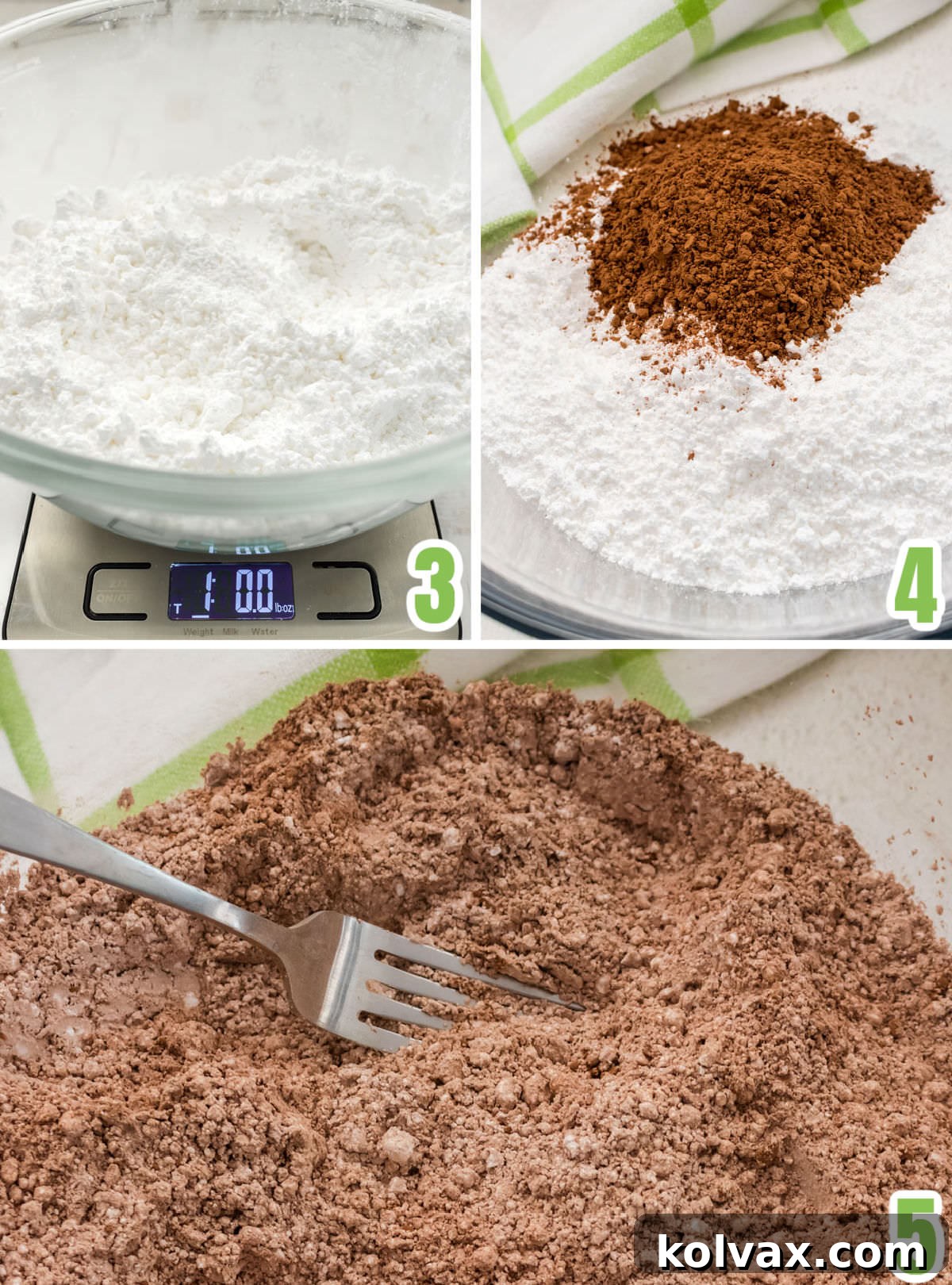 Detailed collage demonstrating the process of combining dry ingredients for chocolate mint buttercream: accurately measuring powdered sugar, adding unsweetened cocoa powder, and whisking them together to ensure an even chocolate distribution.