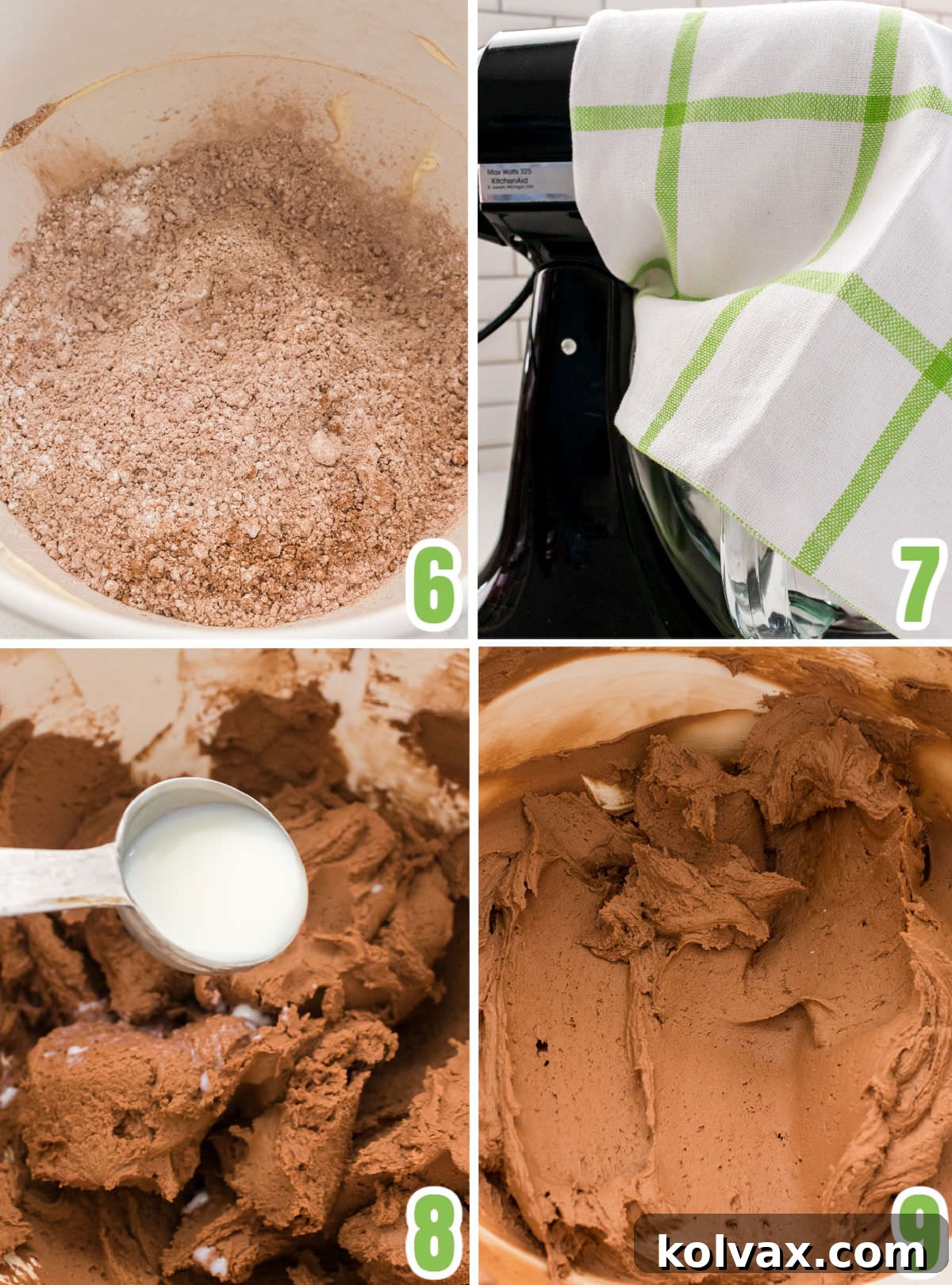 A series of close-up images illustrating the crucial steps of mixing powdered sugar and cocoa powder into the creamed butter mixture, transforming it into the ultimate Chocolate Mint Buttercream Frosting with a light and fluffy consistency.