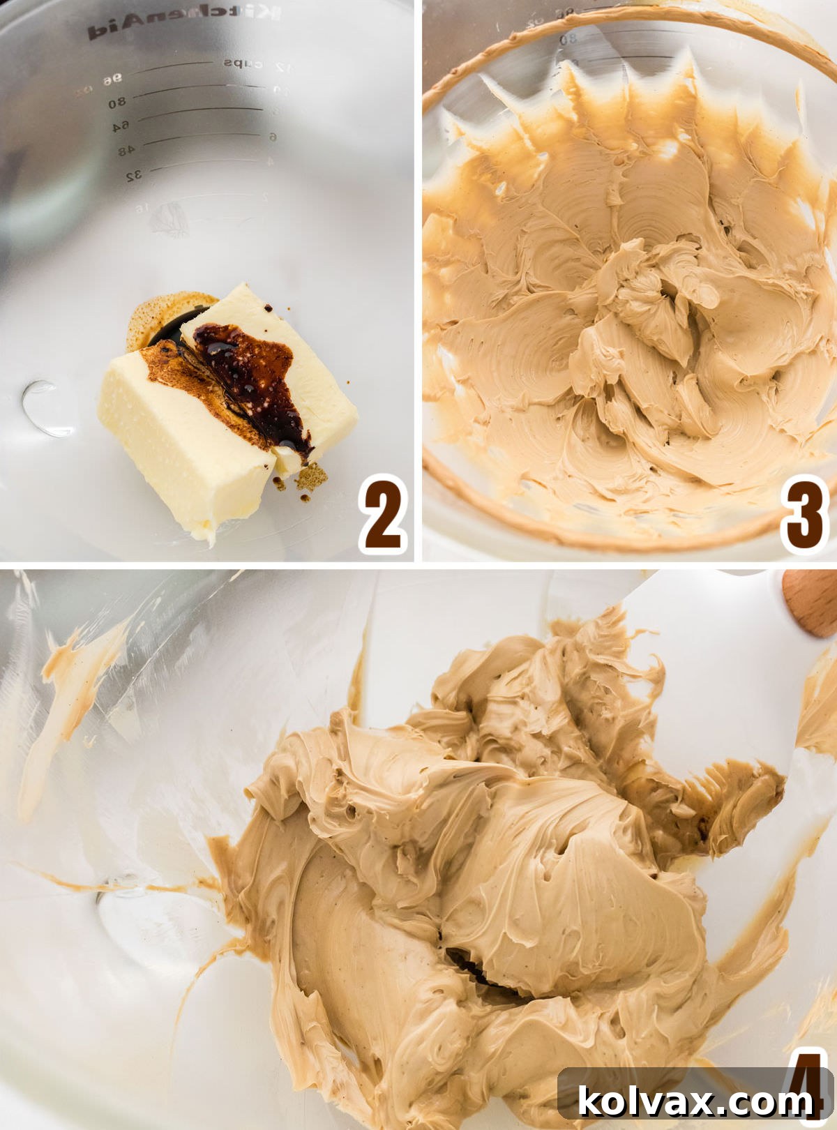 Collage image showing how to mix together the butter and the coffee mixture for the best flavored frosting.
