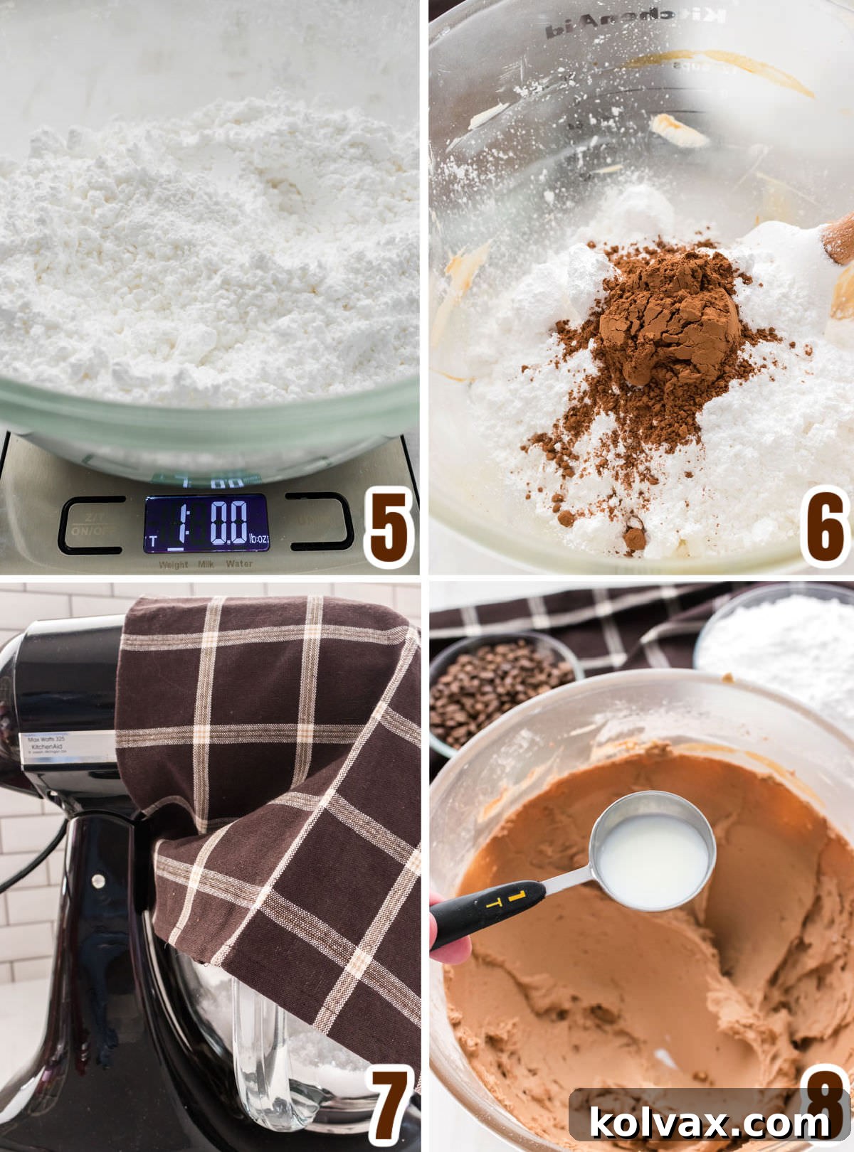 Collage image showing how to add the powdered sugar to the mocha frosting.