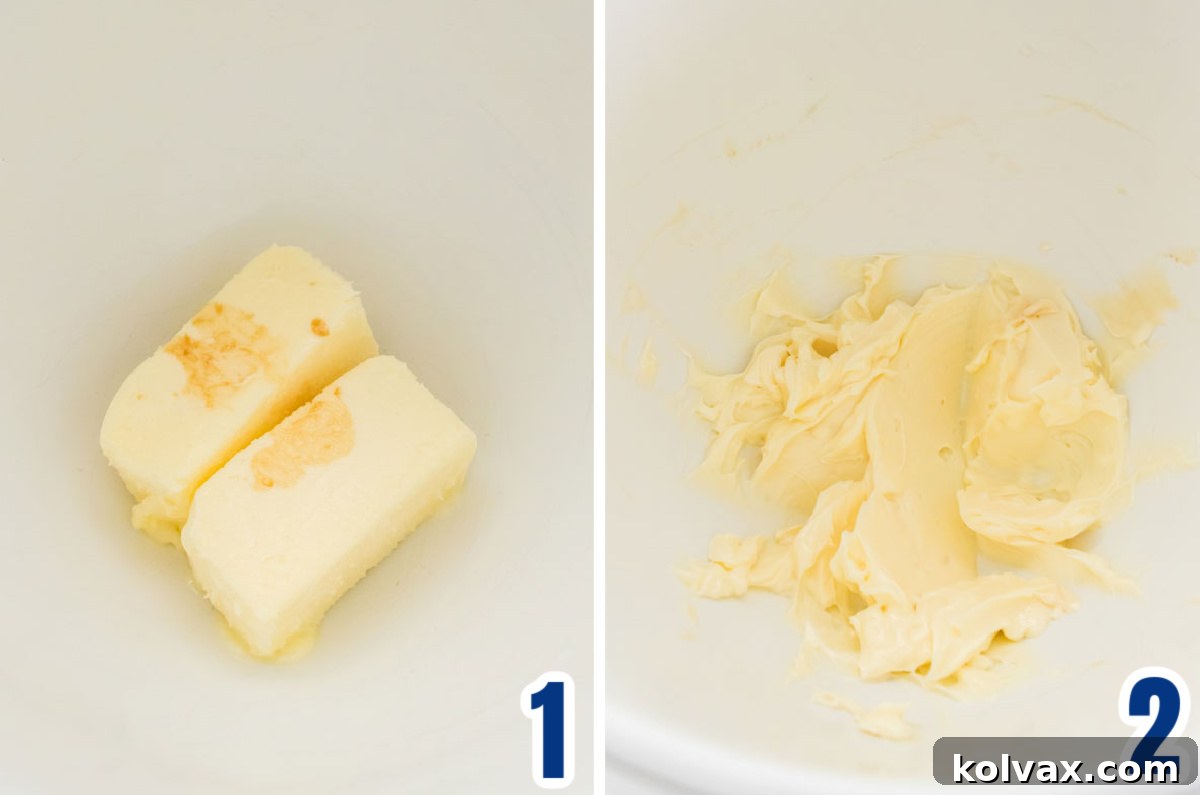 A two-panel image illustrating the initial steps of creaming butter and vanilla together for perfect frosting consistency.
