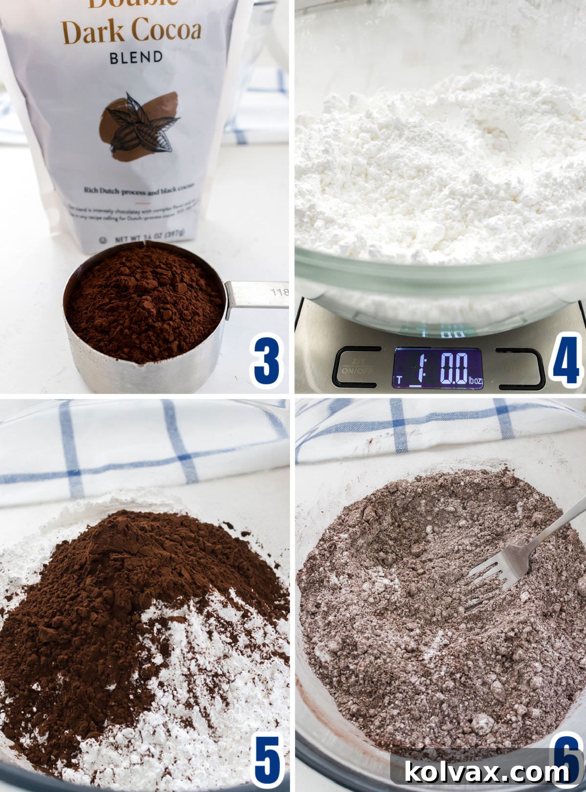 A visual guide demonstrating the careful process of combining Dutch-processed cocoa powder with powdered sugar in a separate bowl.