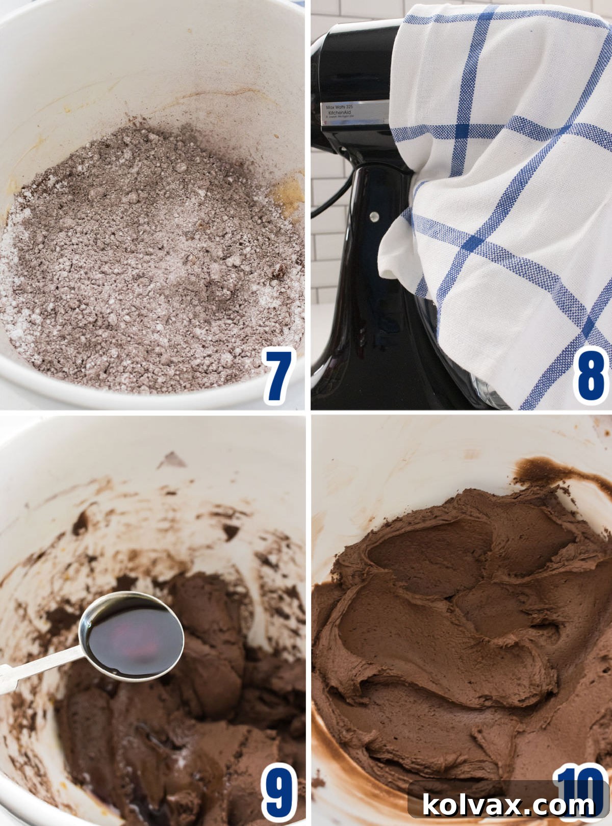 A step-by-step visual sequence showing how to gradually add the combined powdered sugar and coffee into the dark chocolate icing base.