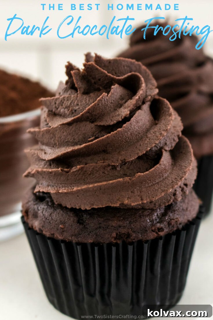 The Best Dark Chocolate Buttercream Frosting with a pin for saving to Pinterest.