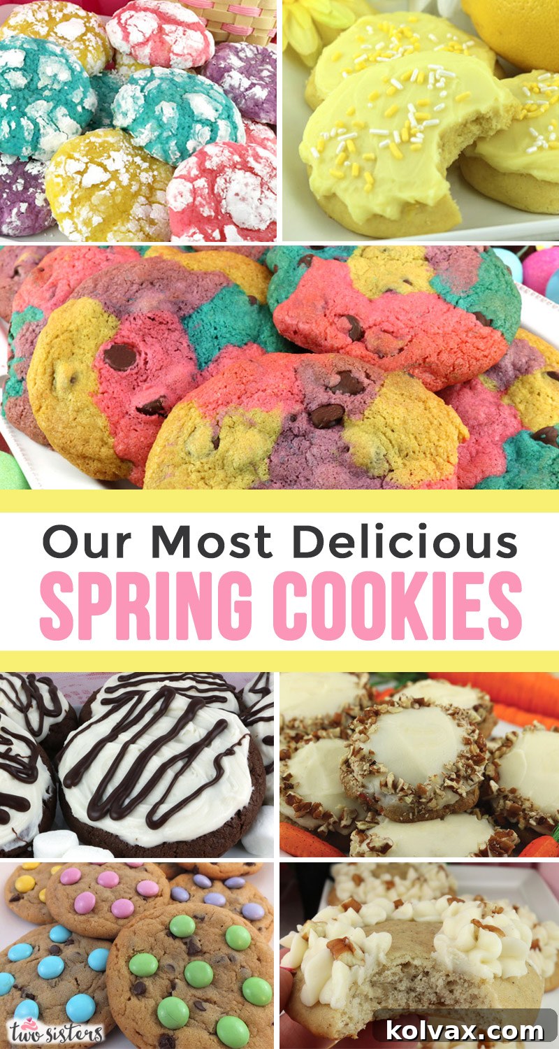 A beautiful Pinterest pin featuring a collage of delicious spring cookies, highlighting various recipes like crinkle cookies, M&M cookies, and frosted treats, perfect for Easter and spring dessert ideas.