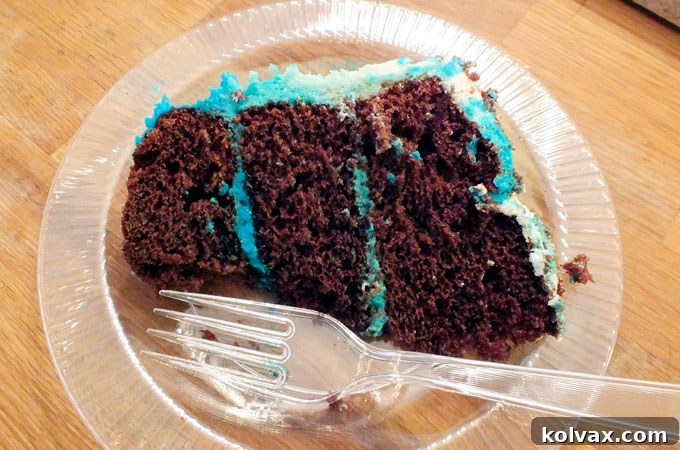 A delicious slice of Disney Frozen Birthday Cake revealing the beautiful chocolate cake layers and multi-colored buttercream frosting inside, showcasing the internal ombre effect.