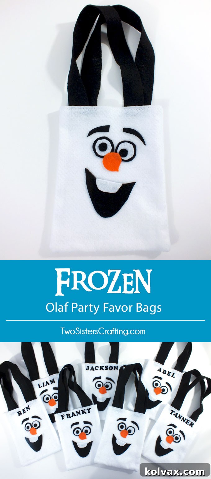 Close-up of a Disney Frozen Olaf Party Favor Bag, highlighting the cute details and personalization with a guest's name.