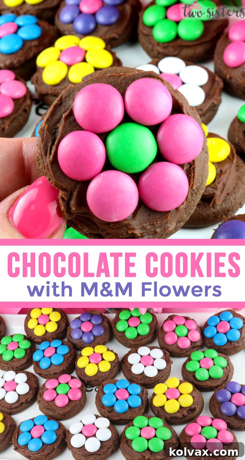 A stack of beautifully frosted chocolate cookies with M&M flowers, showcasing their irresistible appeal.