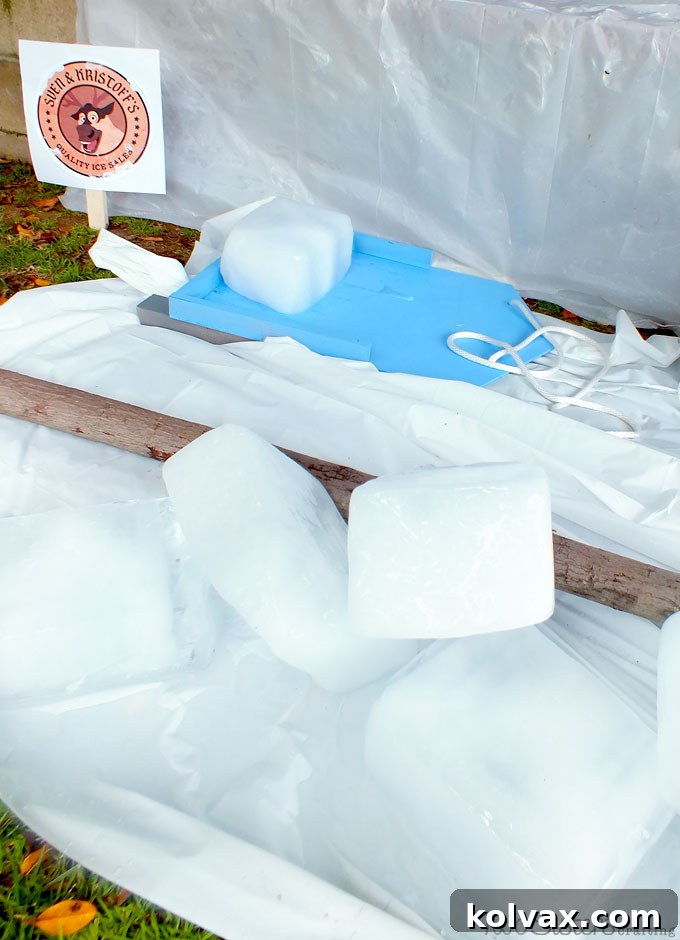Kids gather at the Kristoff and Sven Quality Ice Block Sales station with DIY sleds