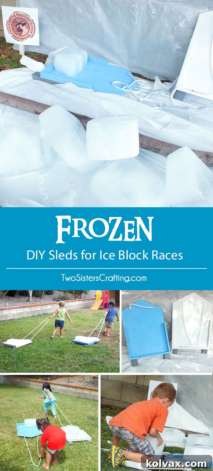Disney Frozen DIY Sleds for Ice Block Races - a super fun Frozen Birthday Party activity for both boys and girls. The kids move the ice blocks around on the sleds just like Kristoff and Sven - everyone at our Frozen Birthday Party had a ball. Follow us for more fun Frozen Party Ideas.