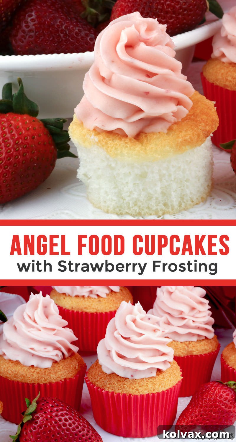 A tempting display of Angel Food Cupcakes with Strawberry Frosting, garnished with fresh strawberry slices, ready to be served.
