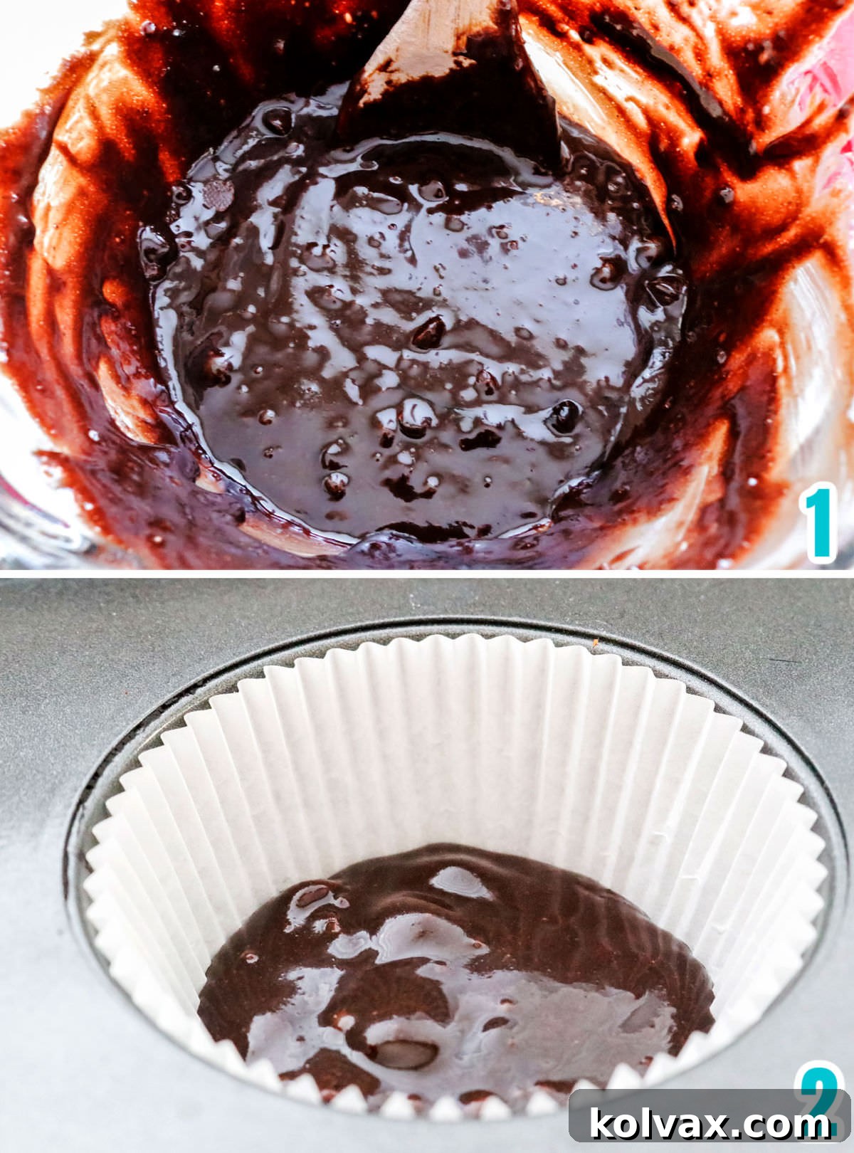 Collage image showing how to make the brownie batter.
