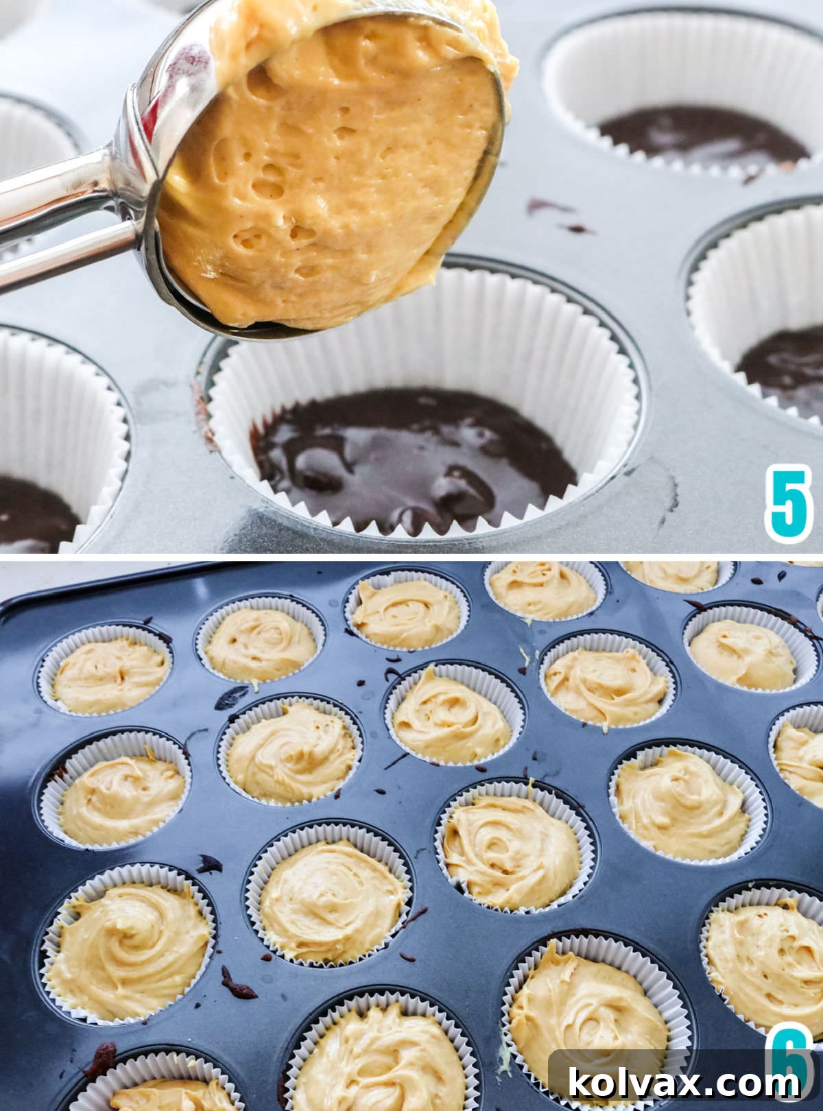 Collage image showing how to layer the brownie batter and the peanut butter cake batter into the cupcake liners.