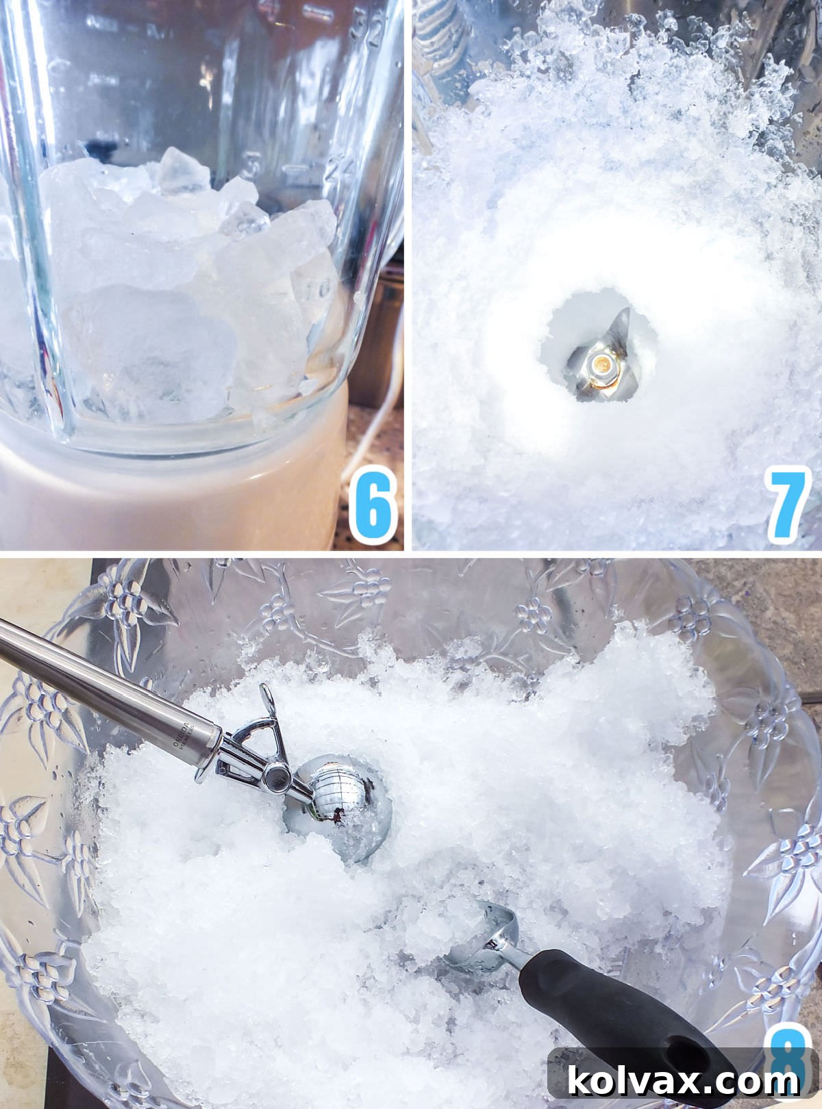 Ice cubes being crushed in a blender for snow cones