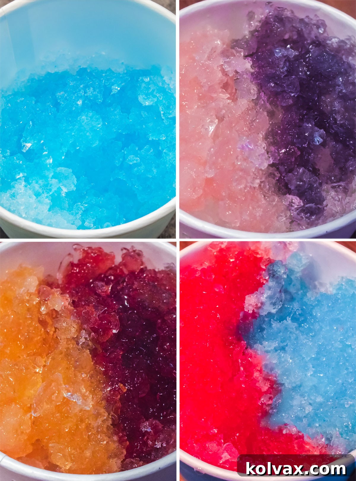 A selection of homemade snow cones in paper cups with colorful syrups