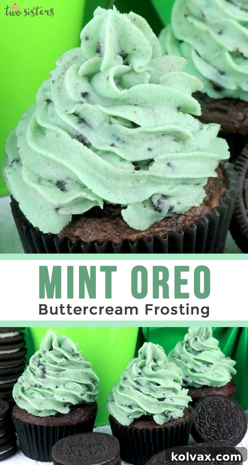 A close-up, irresistible view of a cupcake topped with Mint Oreo Buttercream Frosting, highlighting its texture, colors, and delicious appeal.