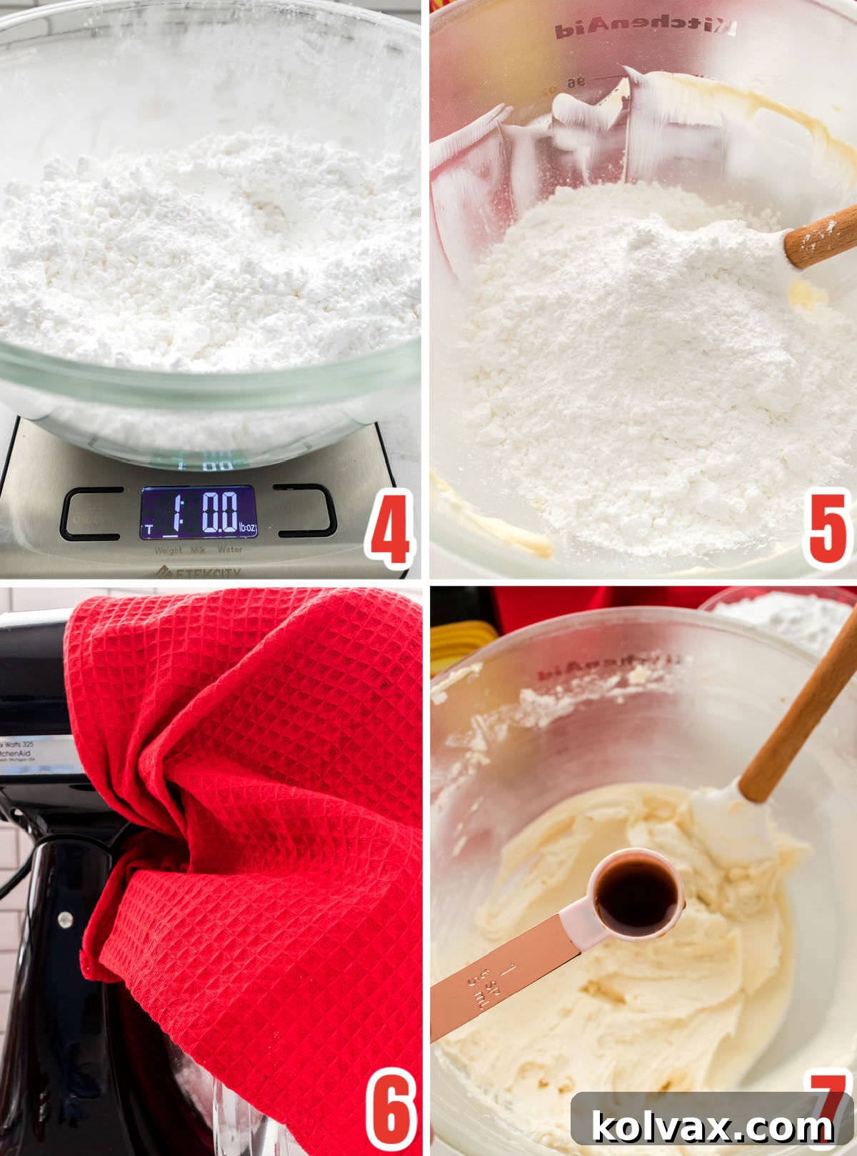 Collage image showing the steps for adding the Powdered Sugar to the frosting.