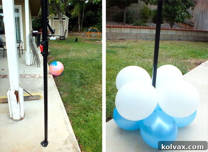 Attaching quad balloon groupings to a vertical support to build a column