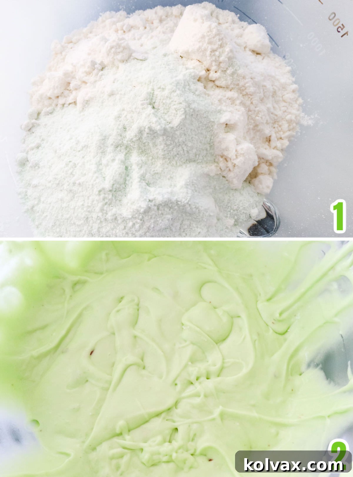 Collage image demonstrating the simple steps to prepare the Pistachio Cupcake batter, combining cake mix and pudding.