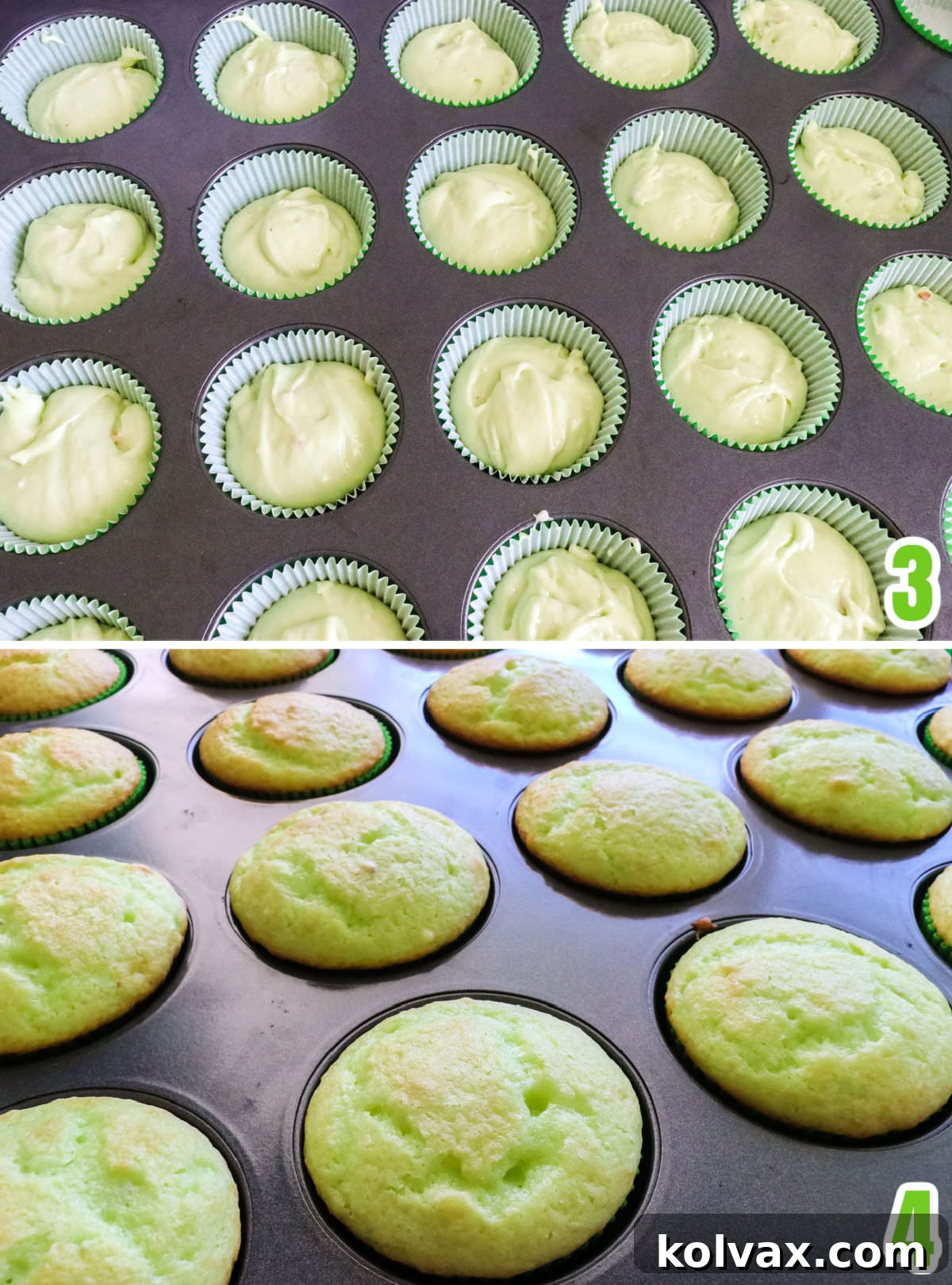 Collage image showing unbaked Pistachio Cupcakes in liners and freshly baked cupcakes cooling, ready for frosting.