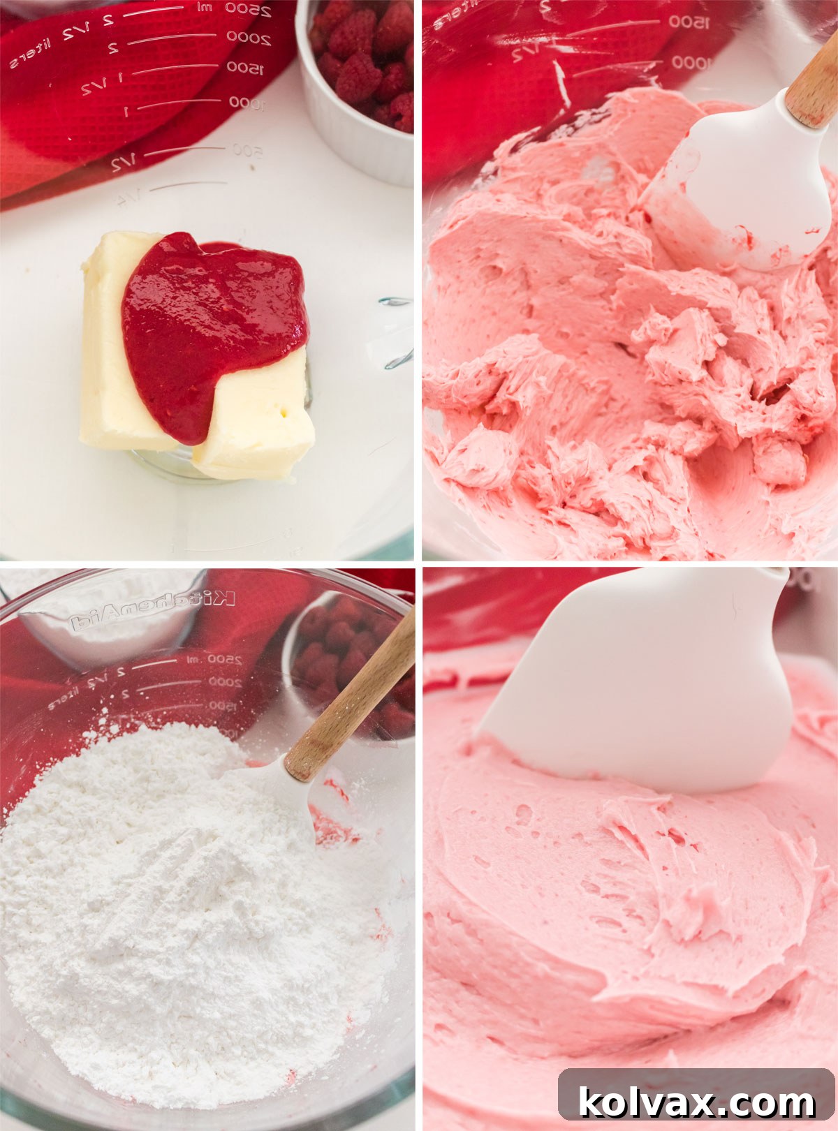 Mixing butter and raspberry puree in a stand mixer