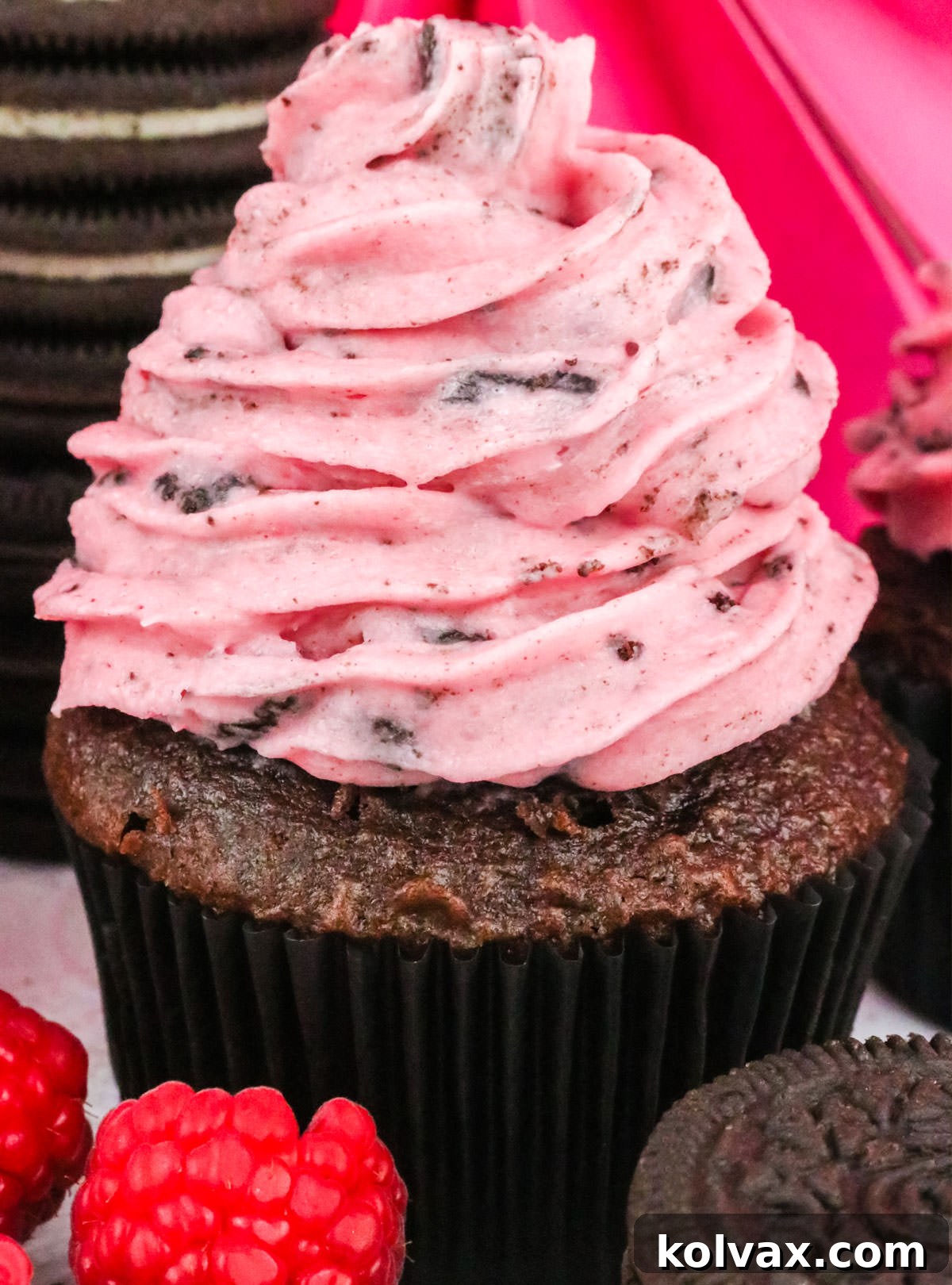 Close-up of Raspberry Oreo Buttercream on a cupcake