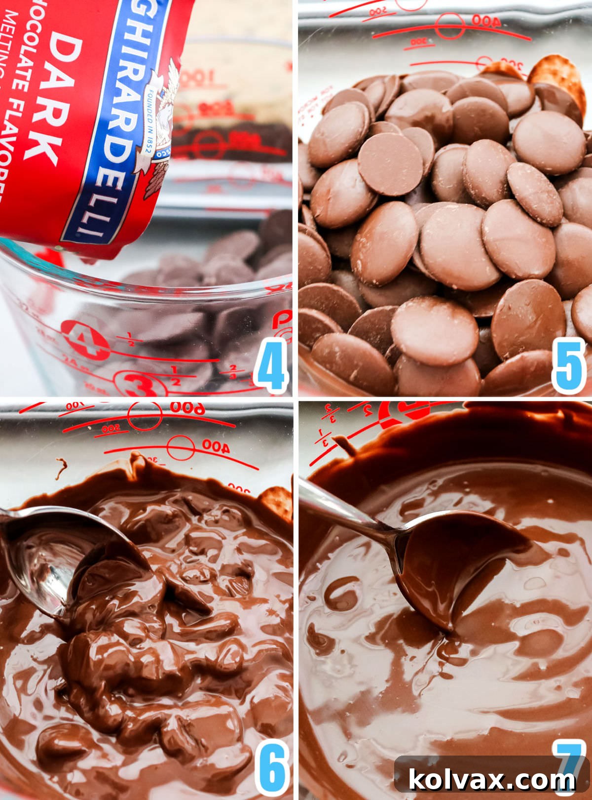 A step-by-step collage demonstrating how to melt Ghirardelli Dark Chocolate Melting Wafers in a glass bowl until smooth and glossy, preparing them for the top layer of the cookie bars.