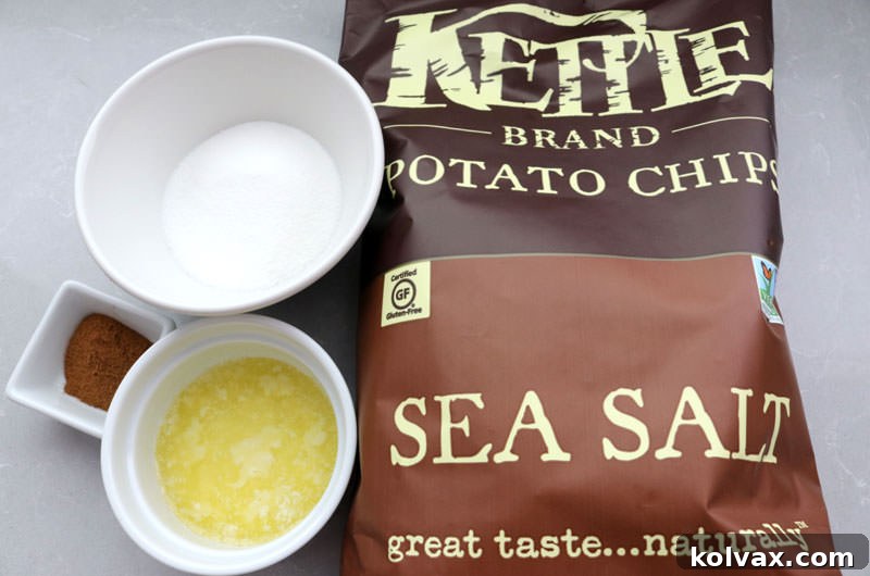 Ingredients for Churro Chips: A bag of Sea Salt Kettle Chips, granulated sugar, ground cinnamon, and melted butter.