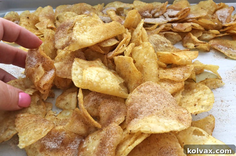 Tossing Kettle Chips coated with cinnamon sugar to ensure even distribution.