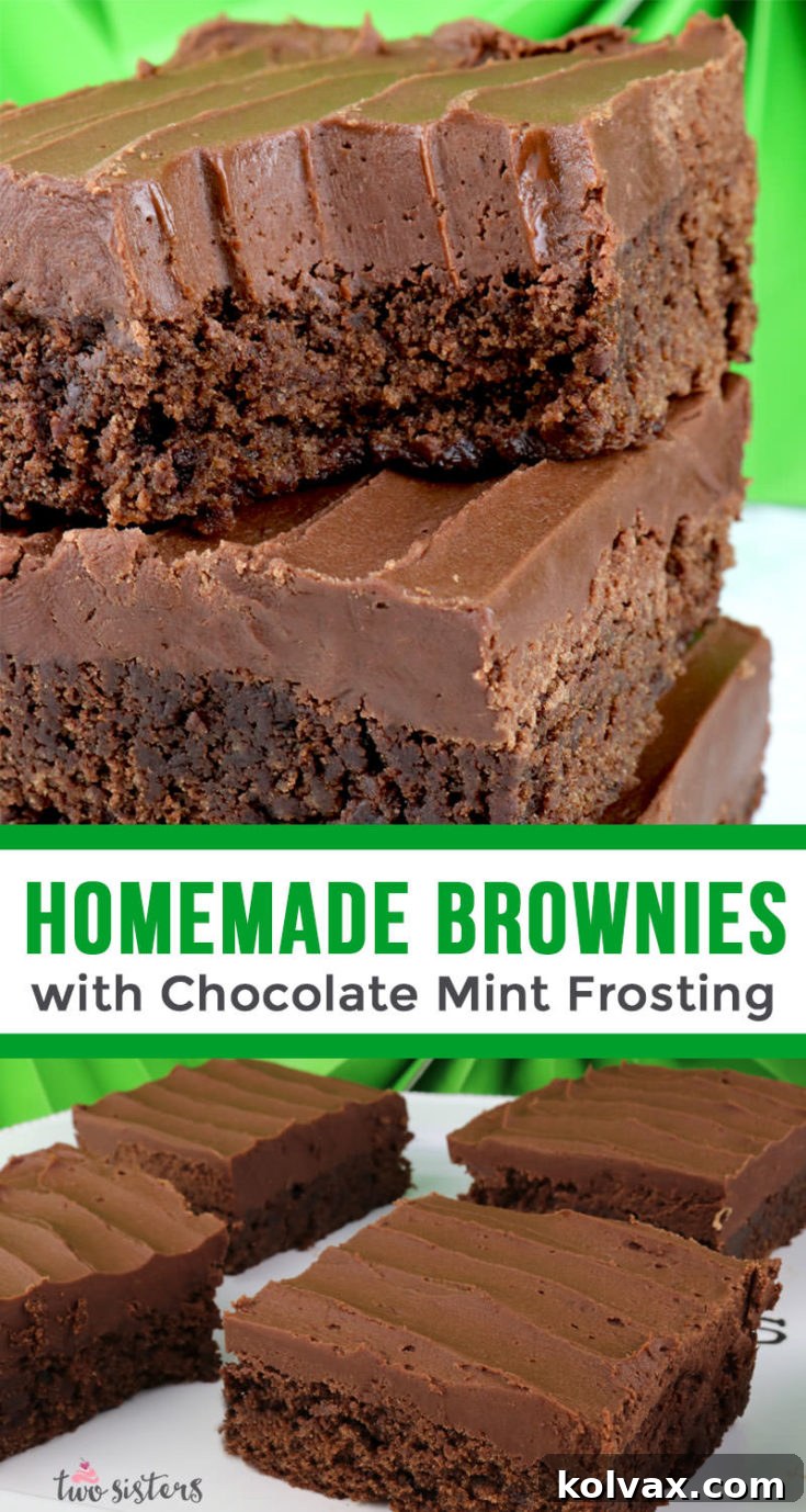 Pinnable image of Homemade Brownies with Chocolate Mint Frosting, perfect for sharing.
