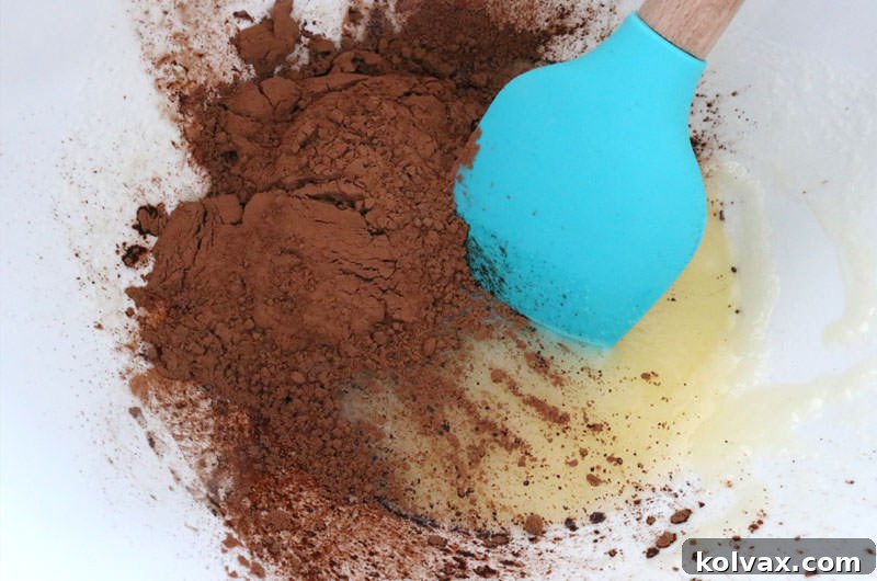 Incorporating cocoa powder into the wet ingredients for a rich chocolate brownie base.