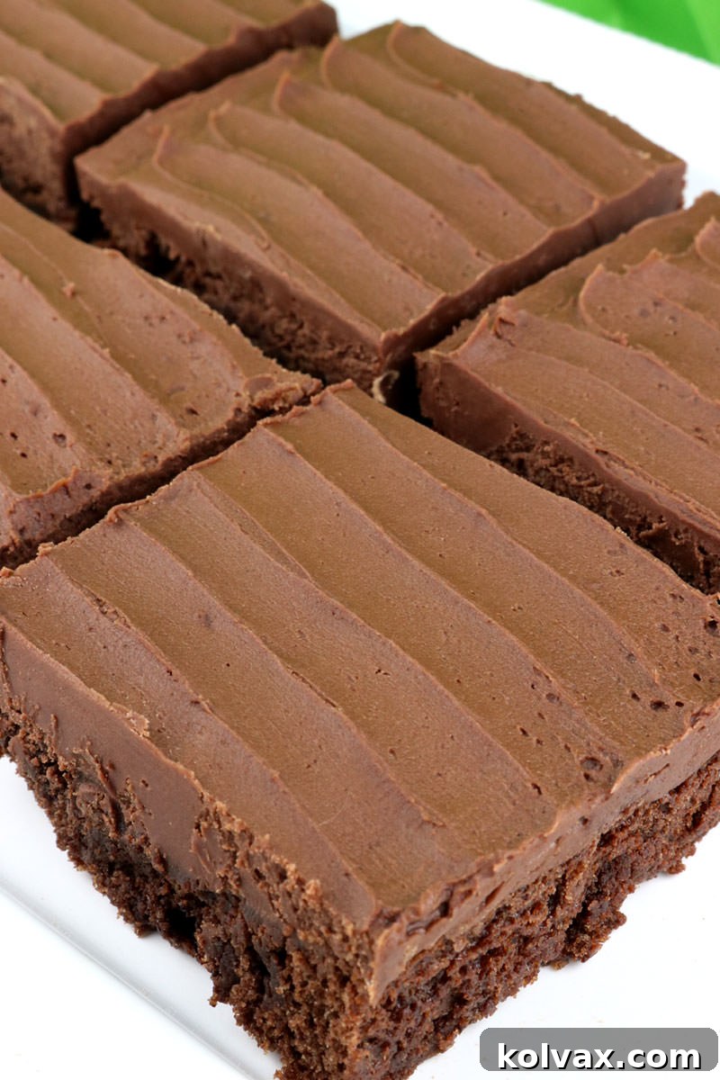Close-up of a tray of Homemade Brownies with Chocolate Mint Frosting, showcasing their rich texture and appealing topping.