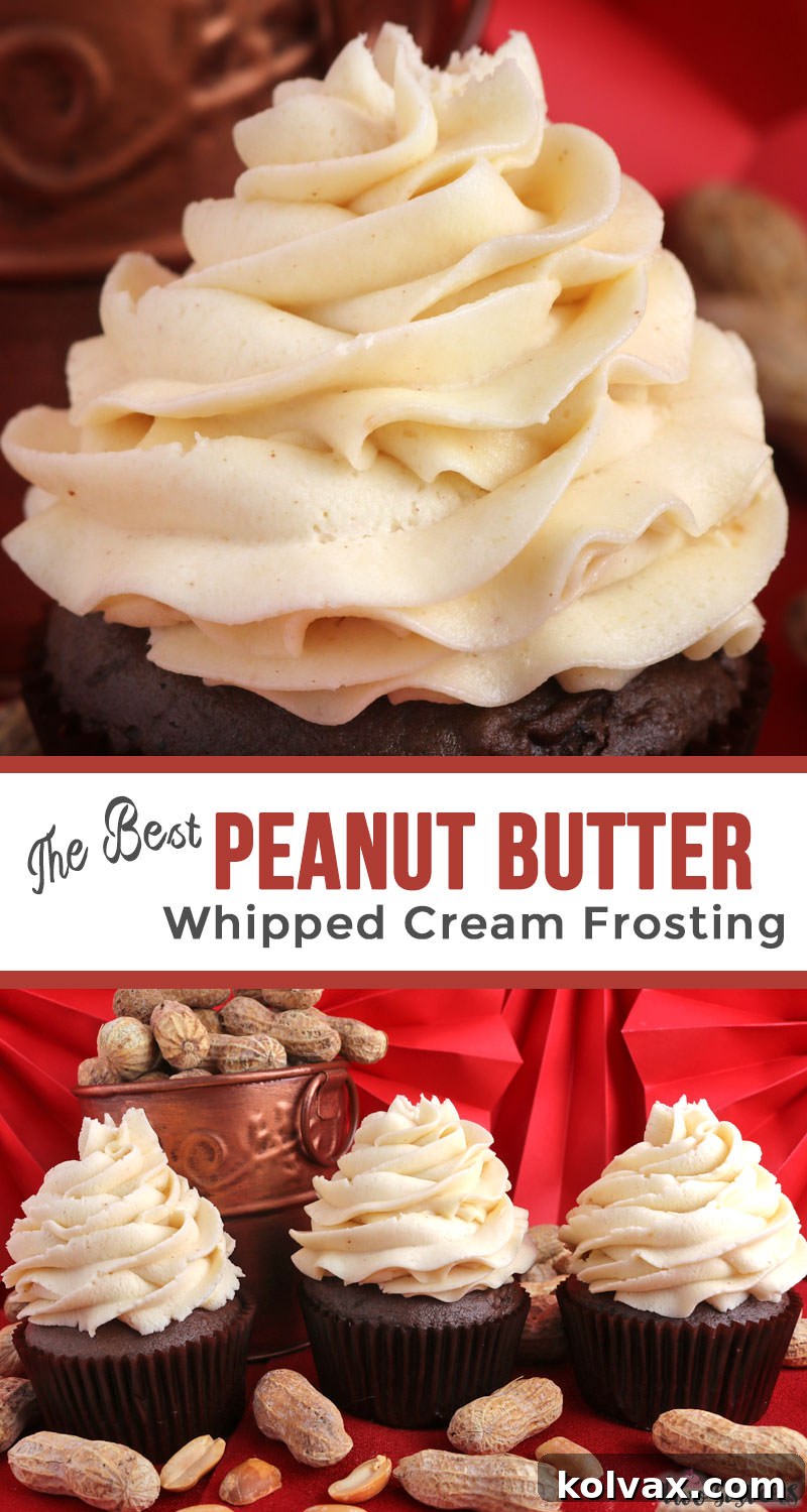 An inviting overhead shot of The Best Peanut Butter Whipped Cream Frosting generously spread on baked goods, emphasizing its delightful texture and the promise of rich peanut butter flavor.