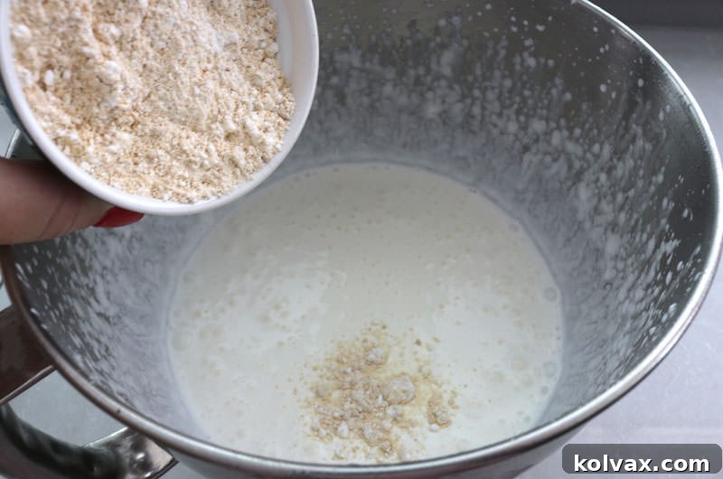 Adding the pre-mixed powdered sugar and peanut powder into the partially whipped cream, ensuring even distribution for a smooth, flavorful peanut butter frosting.