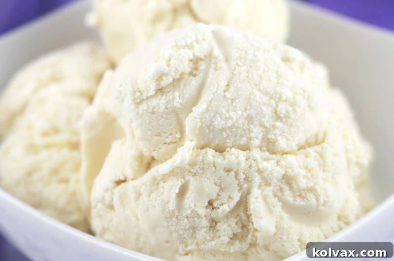 Freshly churned, creamy homemade vanilla ice cream in a wooden churn bucket, ready to serve.