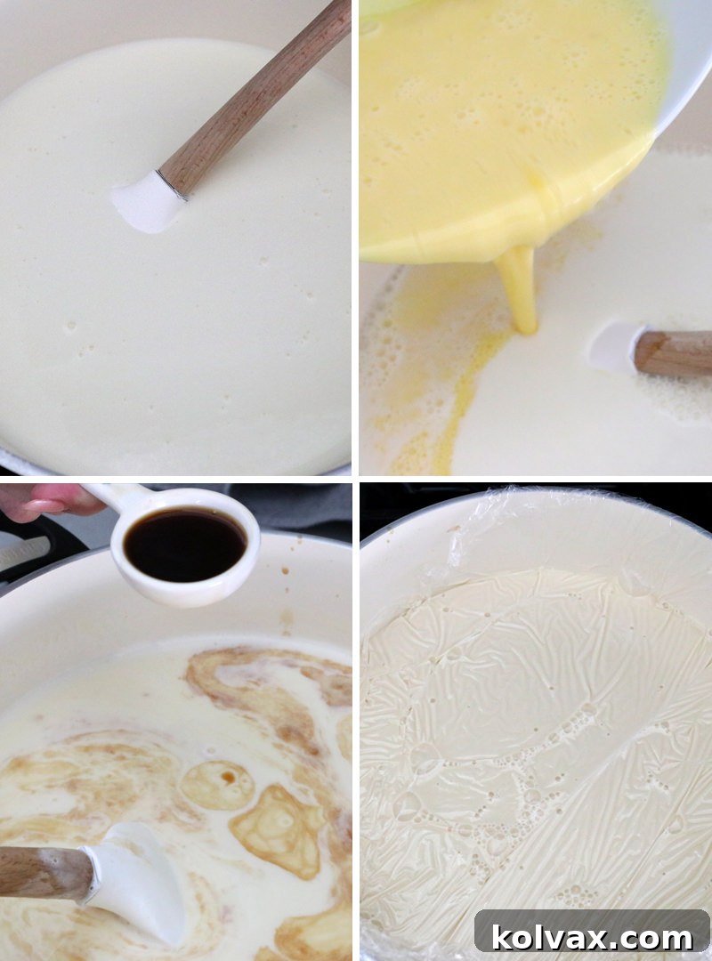 A visual collage showing the step-by-step process of preparing the homemade vanilla ice cream custard base, from heating milk to tempering eggs.
