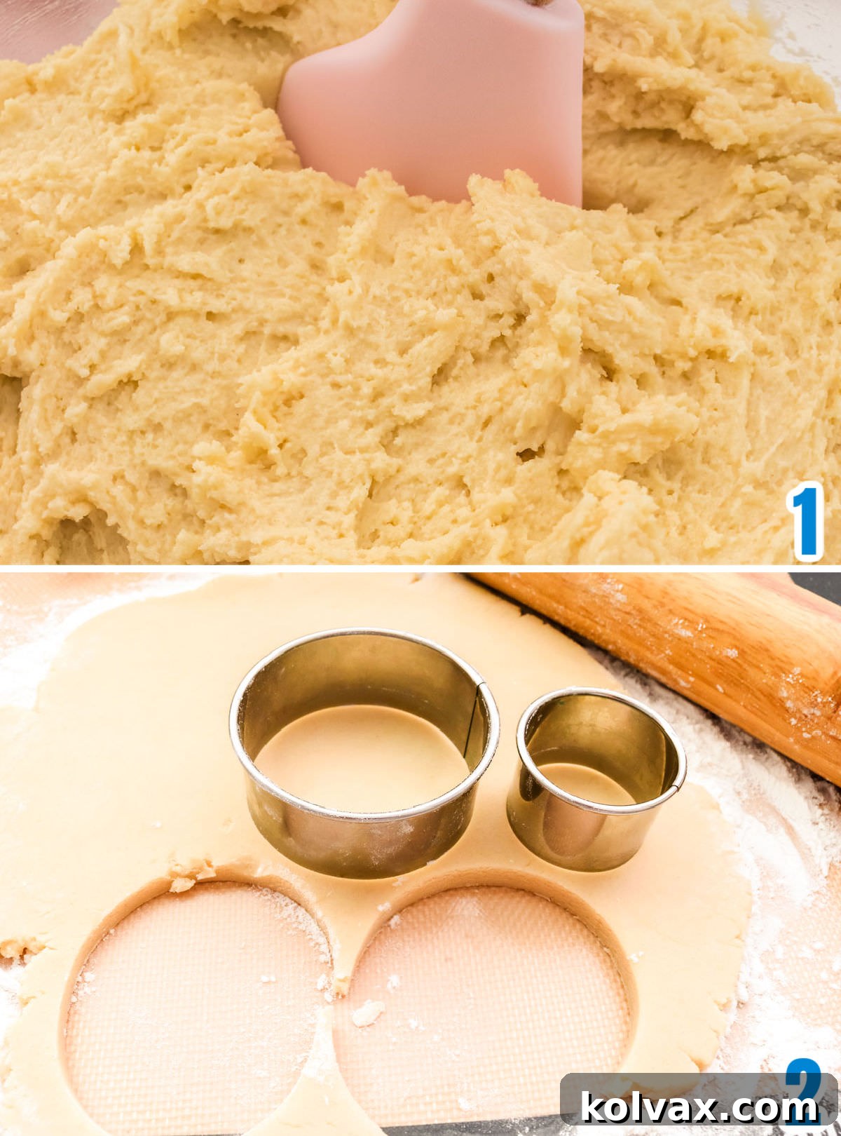 A two-part collage image showcasing the stages of sugar cookie dough preparation, from its mixed state in a bowl to being perfectly rolled out on a floured counter, ready for cutting.