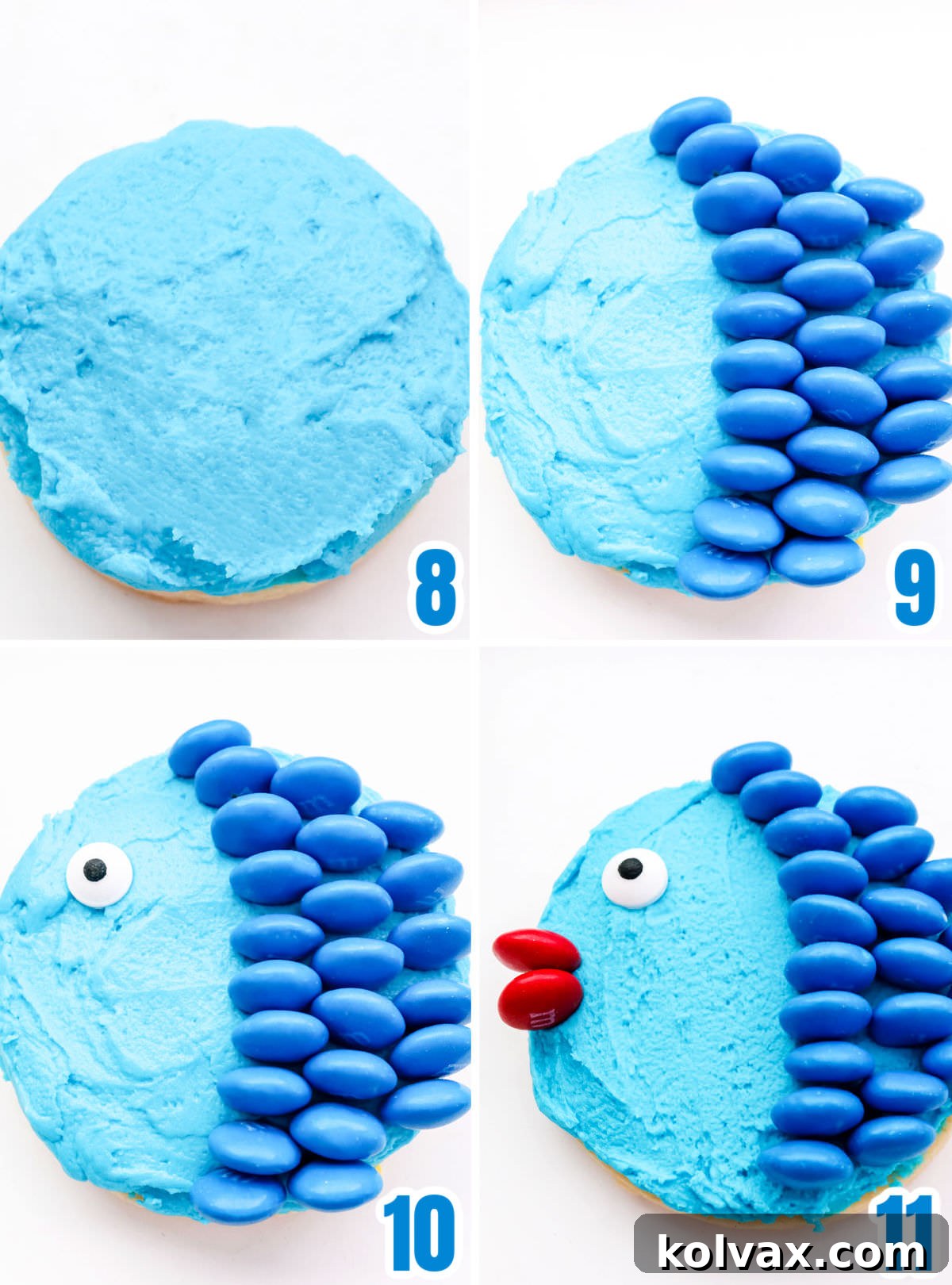 A step-by-step collage demonstrating how to transform a frosted sugar cookie into an M&M fish, detailing the placement of scales, eyes, and lips.