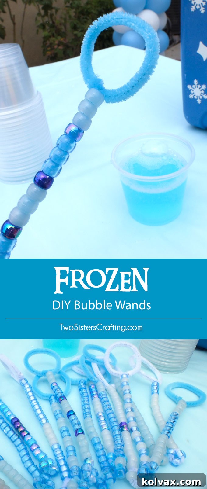 A vibrant and detailed image showcasing a collection of DIY Disney Frozen Bubble Wands, emphasizing their appeal as a charming party favor and an engaging craft for a Frozen-themed birthday celebration.