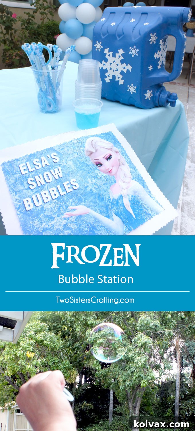 This Frozen DIY Bubble Station is a great activity for an outdoor Frozen Birthday Party. Kids can use the Bubble Dispenser to get their own DIY bubble solution and let the fun commence! Follow us for more fun Frozen Party Ideas.