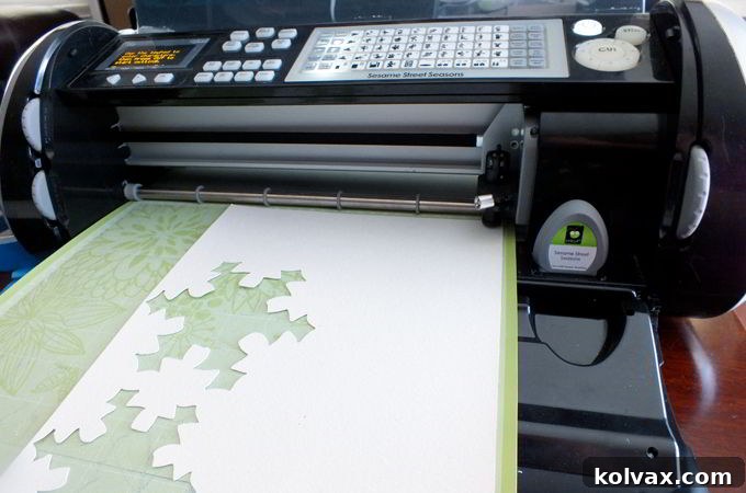 White snowflake cut-outs created with a Cricut machine, ready for decorating the bubble dispenser