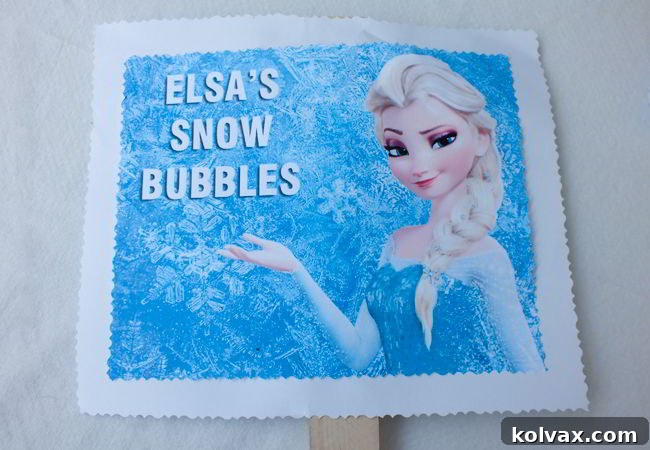 Custom 'Elsa's Snow Bubbles' sign for the Frozen Bubble Station, featuring a festive design.