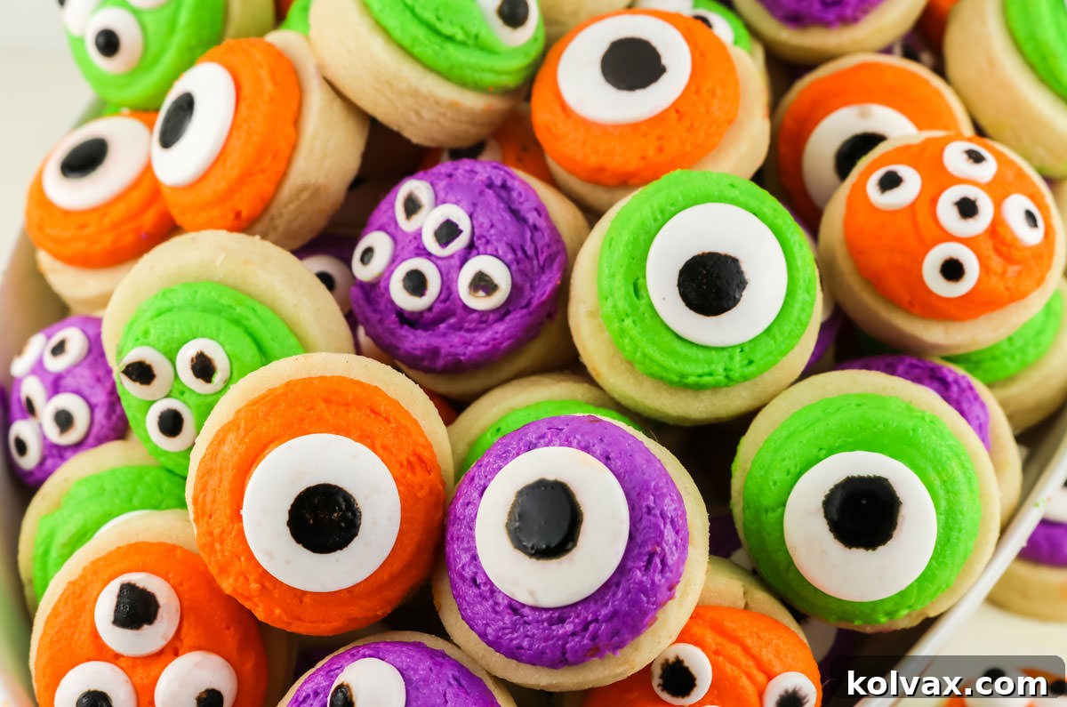 A close-up view of vibrant Mini Monster Sugar Cookies, artfully decorated with colorful buttercream frosting and assorted candy eyes, nestled in a white serving bowl, ready for a Halloween party.