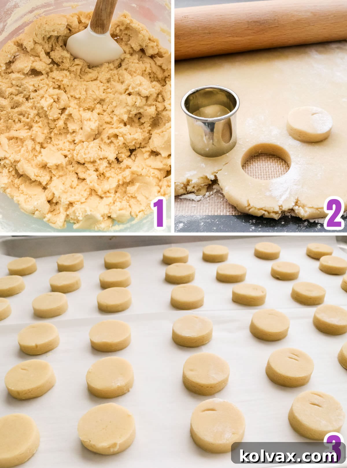 A step-by-step collage demonstrating how to prepare the mini sugar cookie base for Halloween frosted cookies, including rolling dough and cutting shapes.