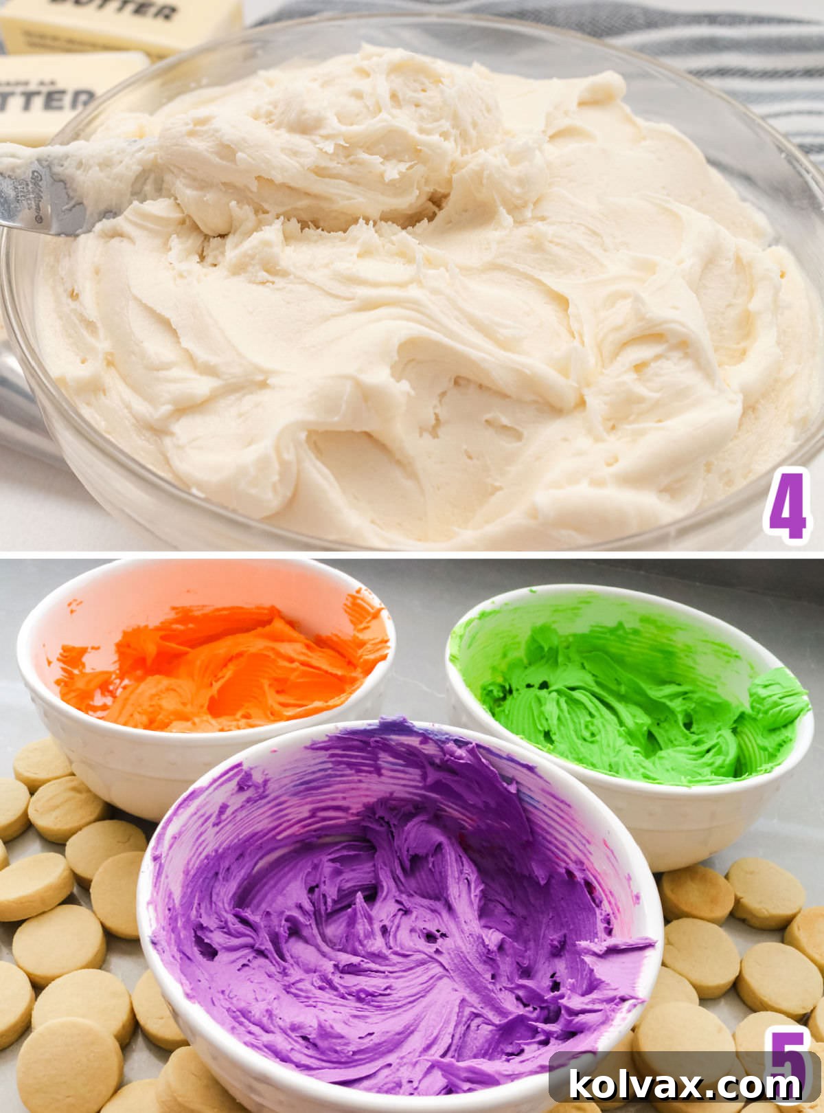 A collage of images illustrating the process of making vibrant buttercream frosting, perfect for decorating Halloween Monster Cookies with various spooky colors.