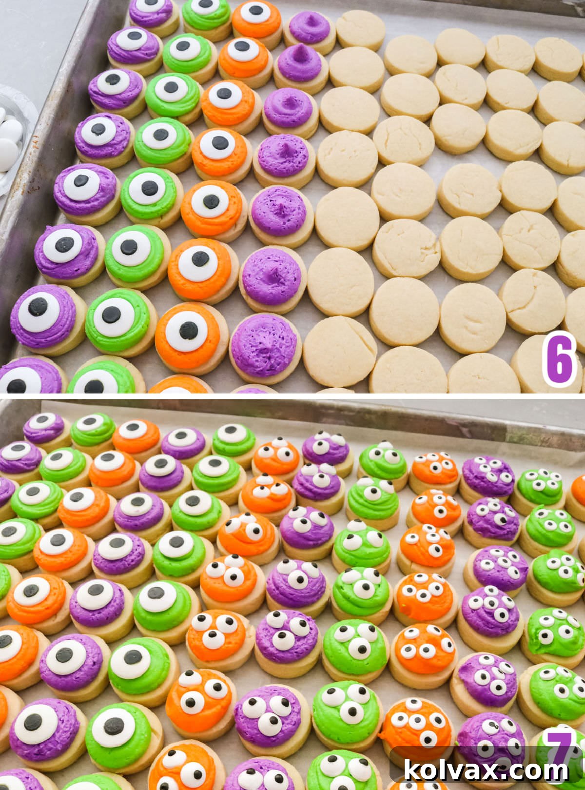 A step-by-step collage demonstrating the fun and simple process of decorating Mini Monster Sugar Cookies with colored buttercream and various candy eyes.